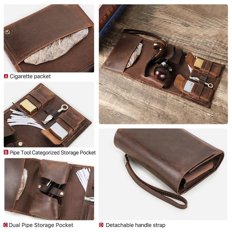 CONTACTS حقيبة سفر من جلد كامل الحبة لتبغ الأنابيب - منظم ملحقات أنابيب التدخين لعدد 2 أنابيب، ولاعة، سجائر، قهوة - Image 5